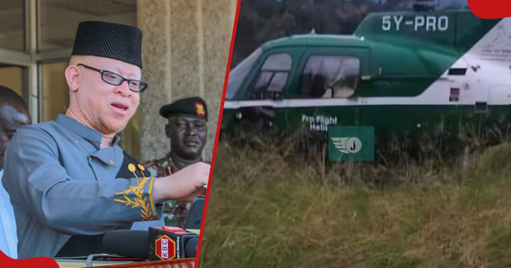 Collage of Isaac Mwaura (l) and chopper that landed in Kikuyu (r)