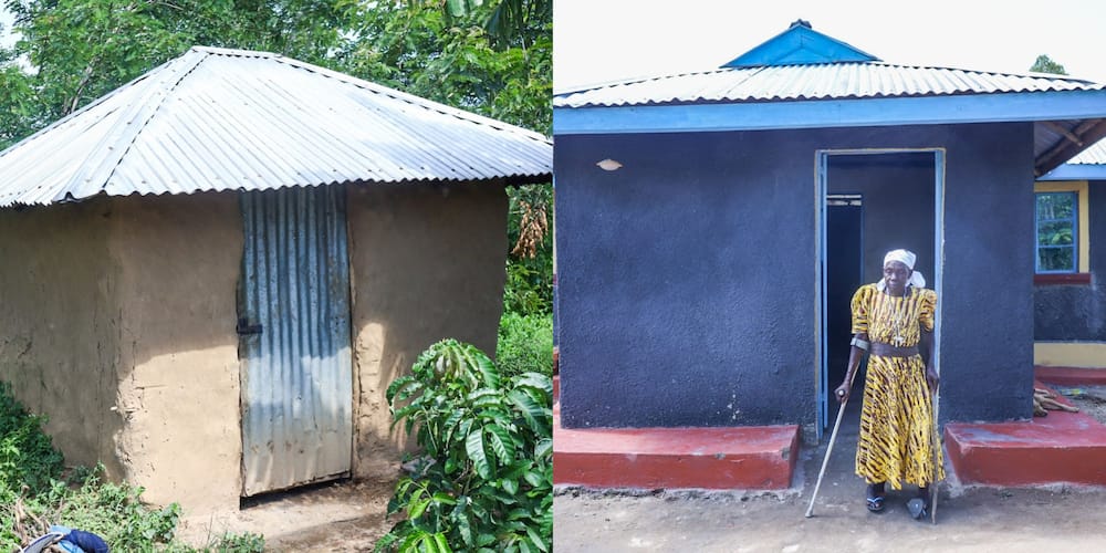 Siaya widow's old house (l), the widow (r) standing in front of her new house.