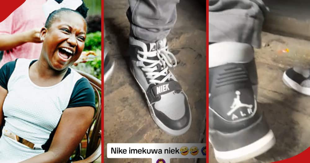 Man proudly shows off his fake designer shoes that was a cross between Nike and Air Jordans.