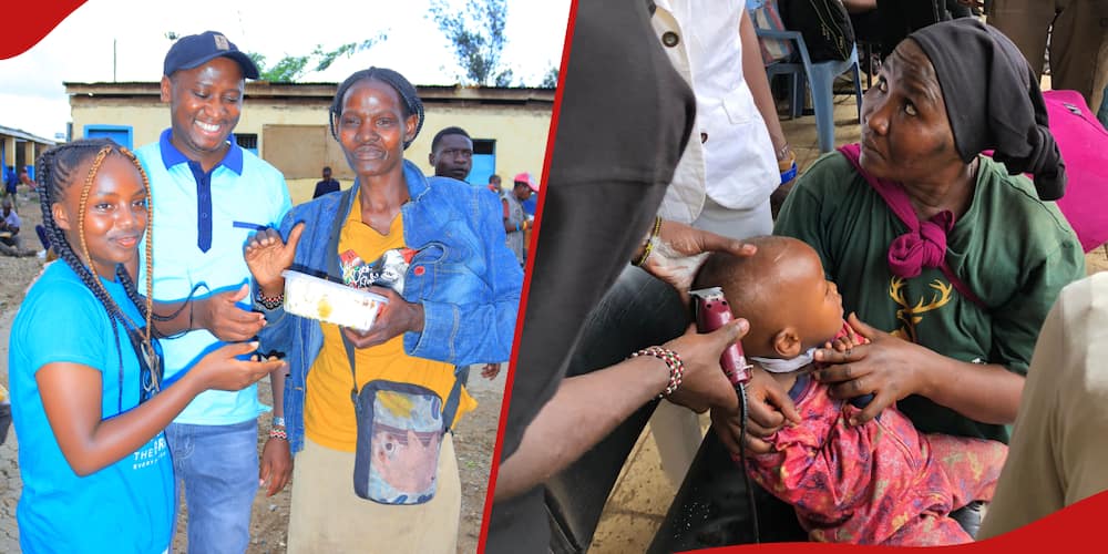 Left: Scarlet Nyawira poses for a photo with some of the attendees.
Right: A barber shaves one of the street child's head.
