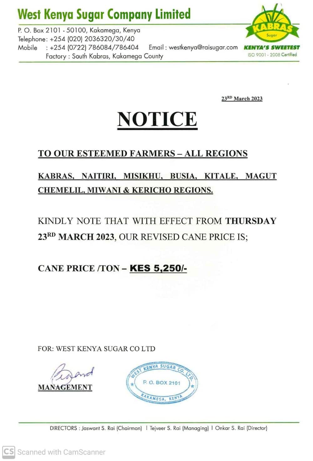 West Kenya issued a memo on Thursday, March 23.
