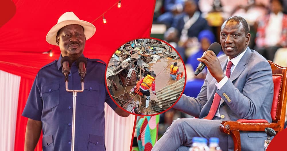 Raila Odinga (left frame) has urged William Ruto (right frame) to declare floods a national disaster.