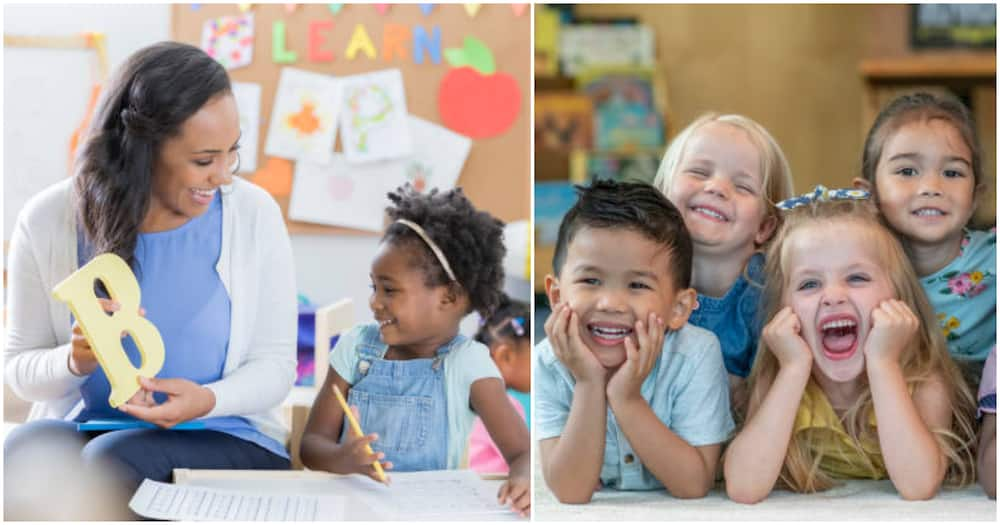 Children learning letters, laughing in class. Photo for illustration.