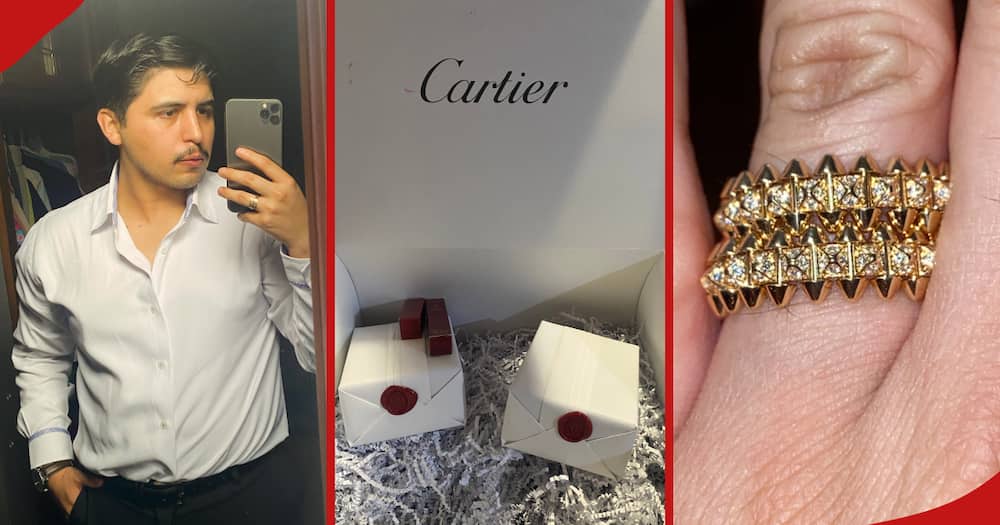 Rogelio Villareal takes a selfie (left), two boxes with earrings from Cartier(centre), and the earrings after he unboxed them(right).