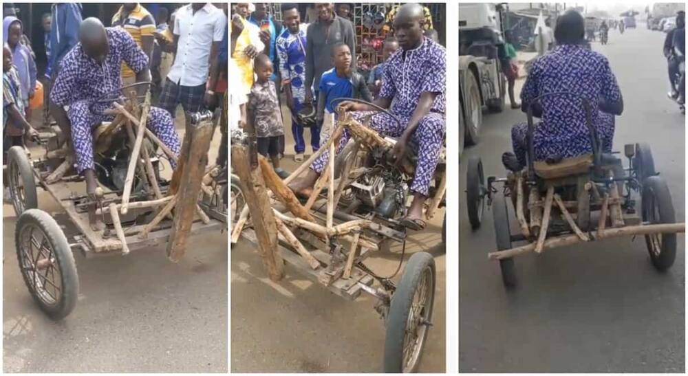 Photos of a car built with sticks.