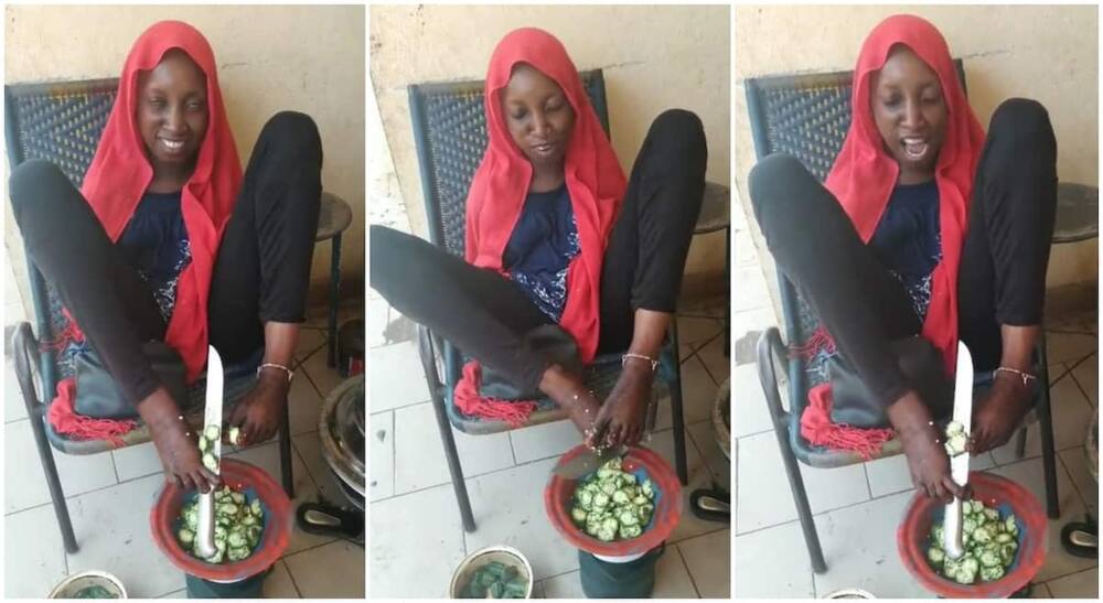 Photos of a lady in hijab using her legs to cut okra.