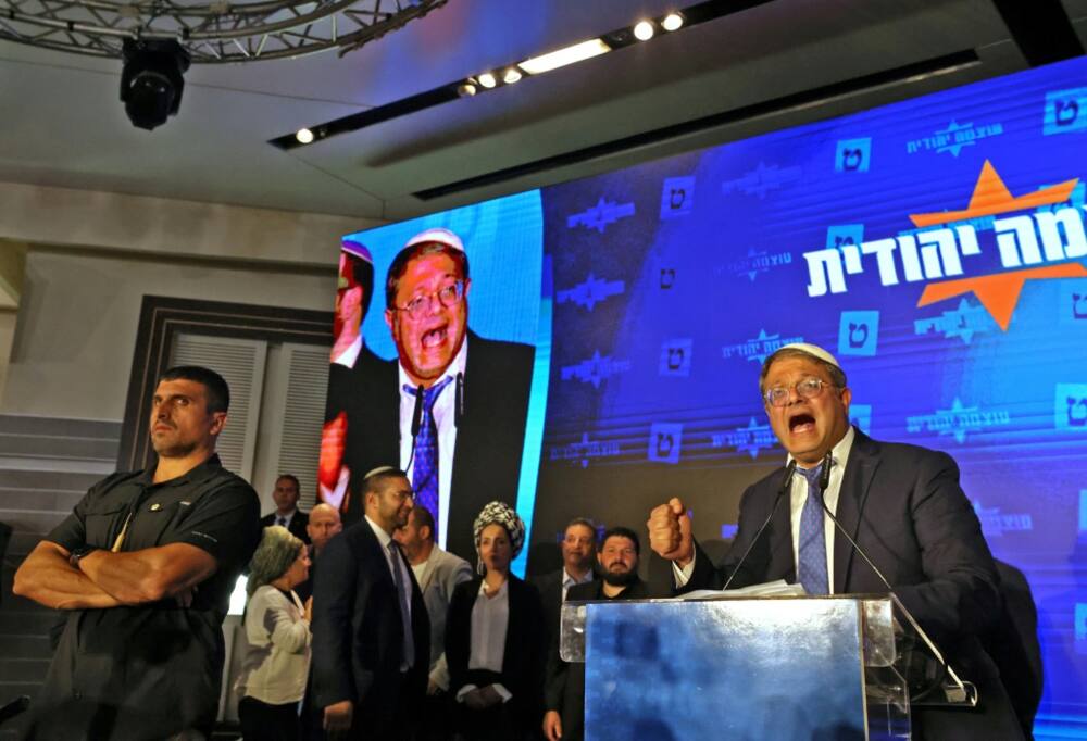 Itamar Ben Gvir, leader of Israel's Otzma Yehudit (Jewish Power) far-right party, addresses supporters after the end of voting