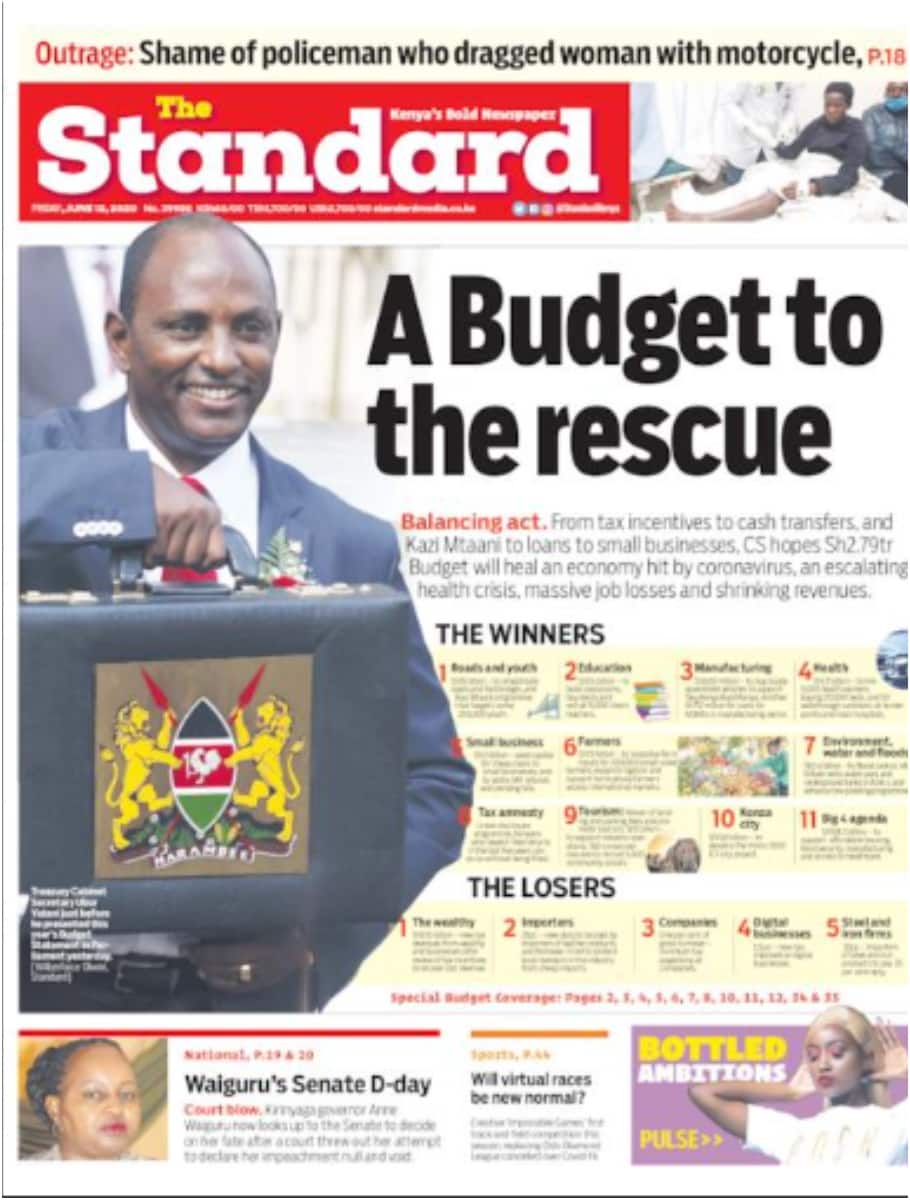 Kenyan newspapers review for June 12: Kenya's 2020/2021 budget breakdown, losers and winners