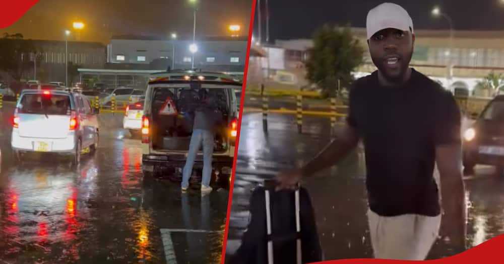 Collage of parking lot at JKIA (l) and Journalist Larry Madowo (r) after he arrived at JKIA.