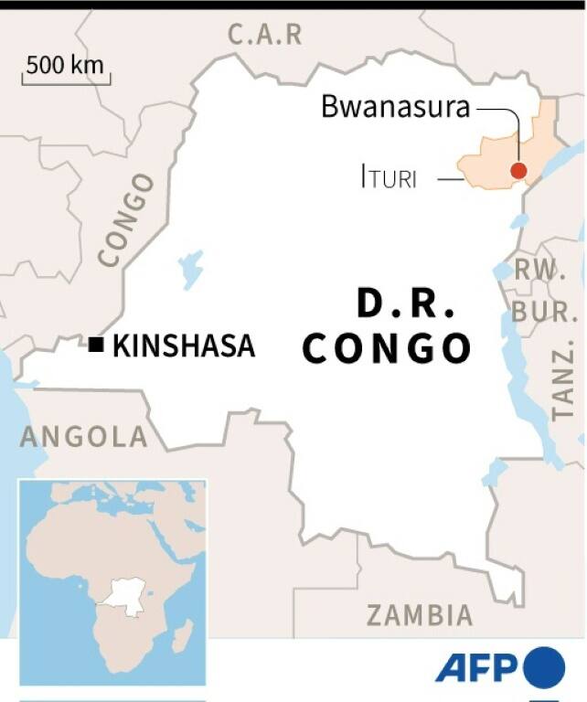 Map of the Democratic Republic of Congo locating Bwanasura and Ituri, the scene of fresh violence