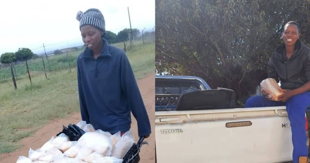 Woman, bakery, started, wheelbarrow