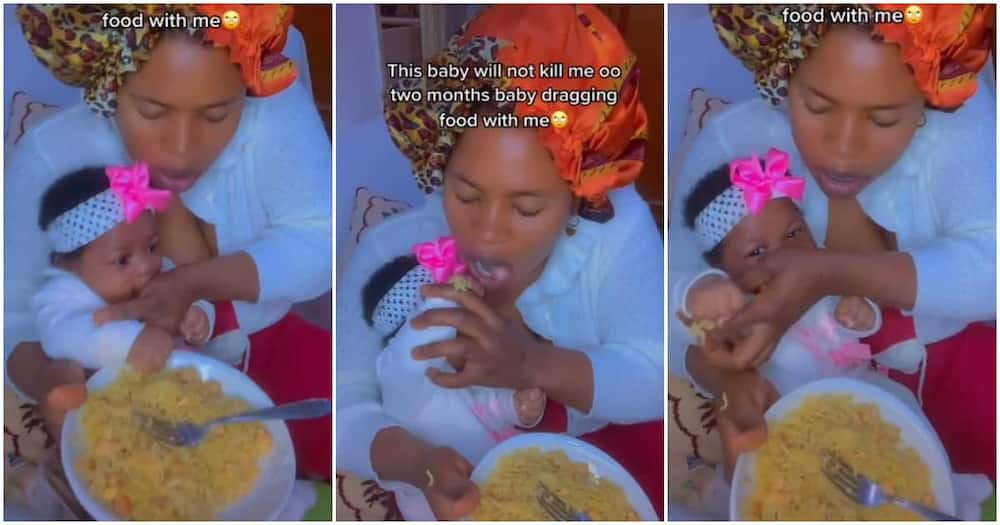Baby's grip, mum and baby video, baby drags food with mum, Nigerian mum drags food with her baby