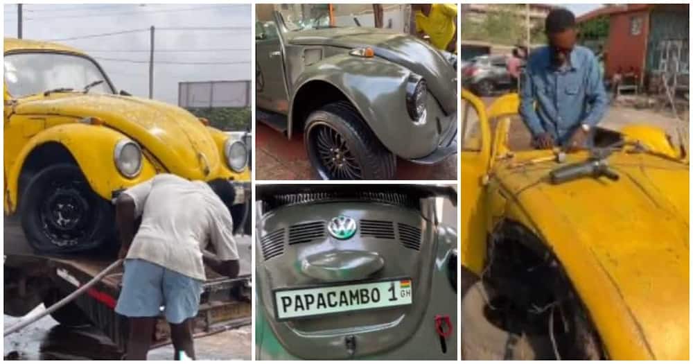 Beetle car, tortoise car, man scatters old car, new car