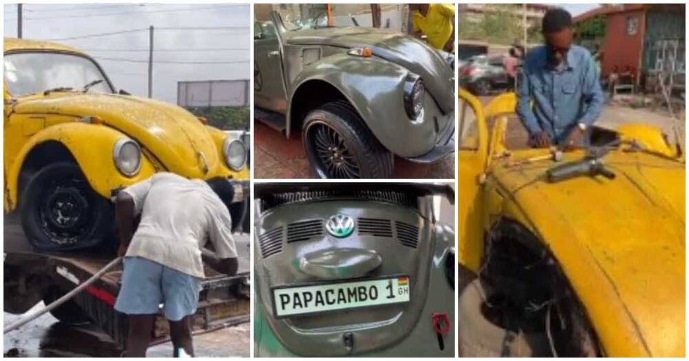 Beetle car, tortoise car, man scatters old car, new car