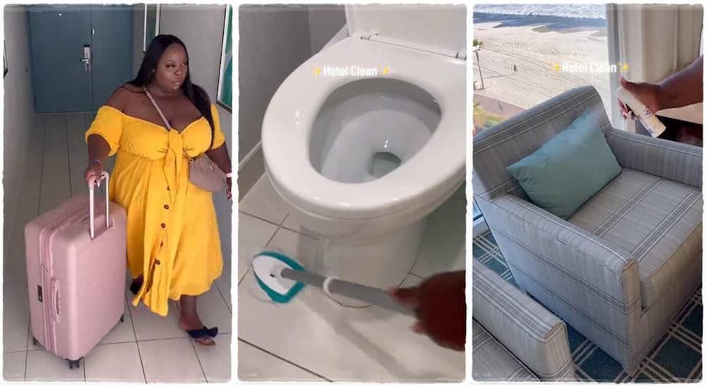Photos of a lady who cleaned a hotel room.
