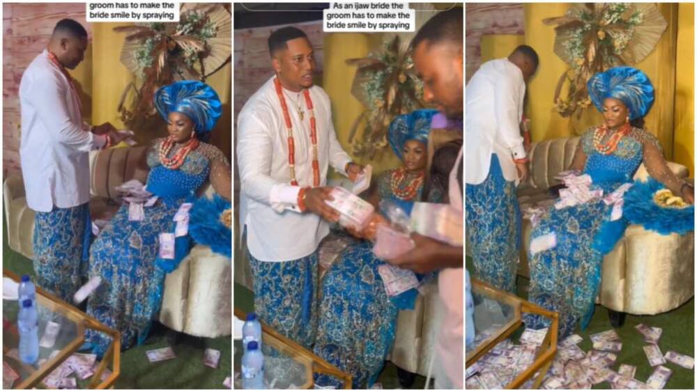 A groom showered his frowning bride with money to make her smile.