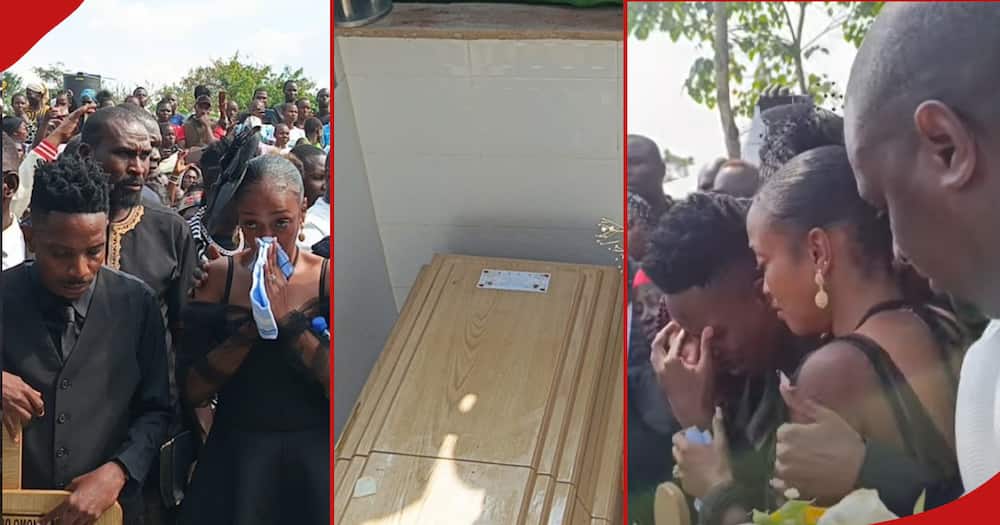 Eric Omondi cries as Fred's coffin is lowered into the grave.
