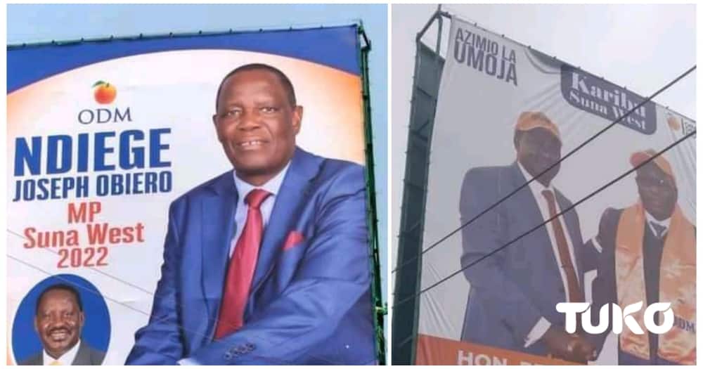 Suna West MP aspirants place campaign billboards on one beam as the battle for ODM ticket gathers pace.