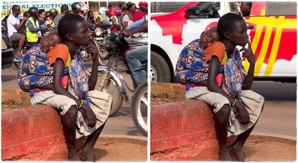 Photos of a girl sitting by the roadside with a baby on her back.