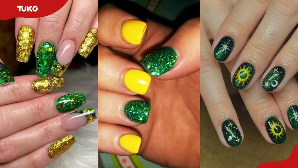 A photo collage of different St. Patrick's Day nail designs