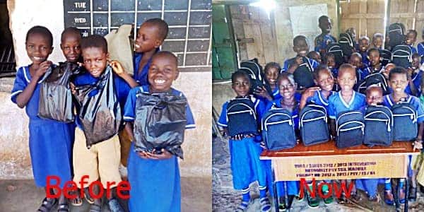 A young Nigerian teacher surprises her pupils with beautiful school bags.