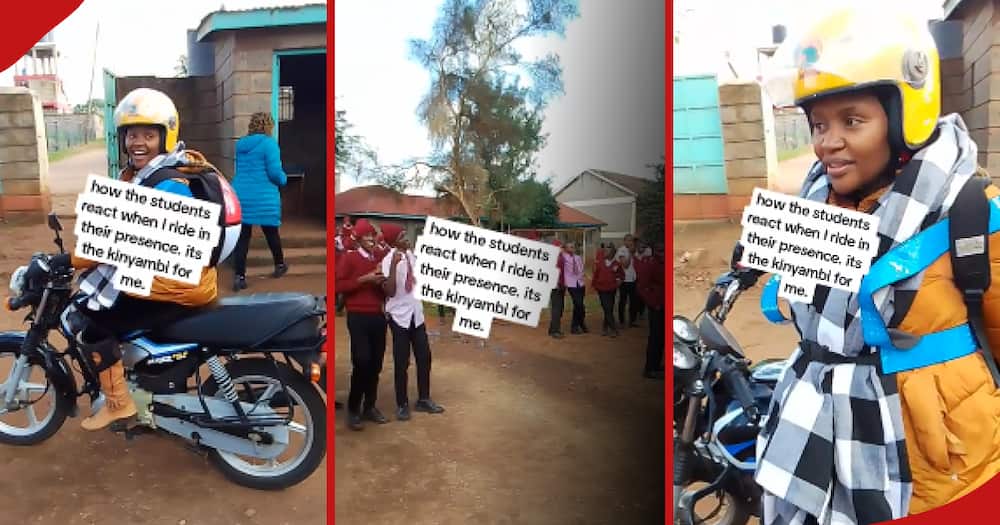 The students waited eargely to see their teacher leave the school while riding a boda boda.