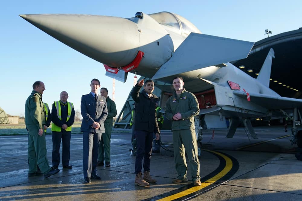 Prime Minister Rishi Sunak inspected a Typhoon fighter jet on a visit to the Royal Air Force base at Coningsby in eastern England