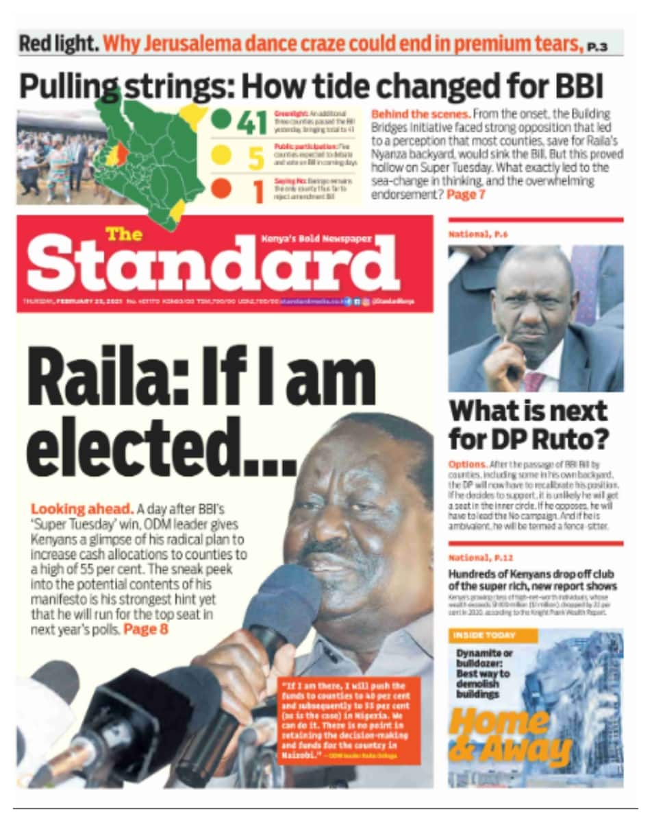 Magazeti ya Alhamisi, Februari 25: Raila adokezea kuwania urais 2022