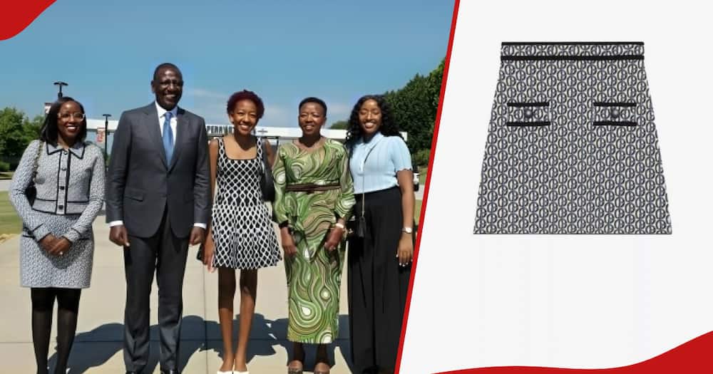 William Ruto and his wife Rachel Ruto with their kids during a tour at the Tyler Perry Studios in Atlanta (left). A photo of Claudie Pierlot's skirt worn by June Ruto (right.)