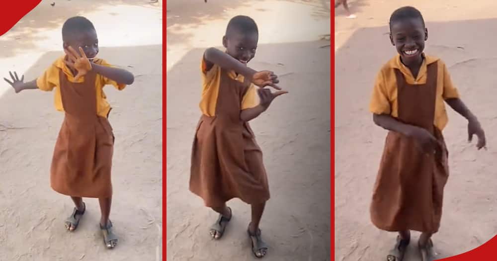 An excited primary school girl in uniform dances to Egwu song.
