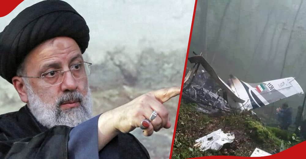 Ebrahim Raisi during a press conference in Iran and a photo of the chopper wreckage.