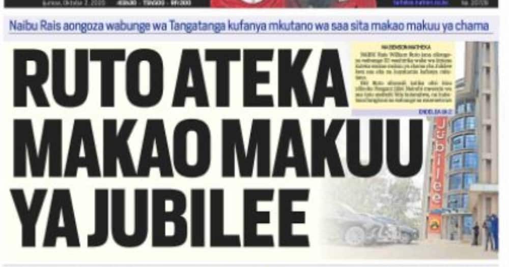 Magazetini Oktoba 2: DP Ruto avamia ofisi kuu za Jubilee huku marafiki wa Uhuru wakikaa kimya