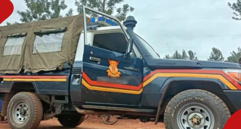 A police vehicle in a village. The woman's body was found dumped along Limuru Road.