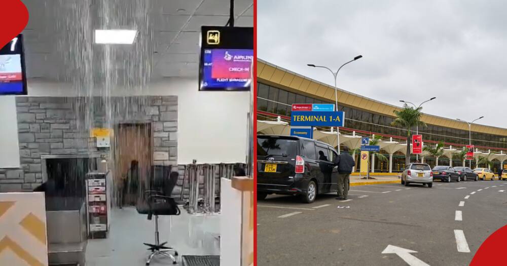 Collage of leaking roof at JKIA (l) and entry point to terminal 1-A (r)