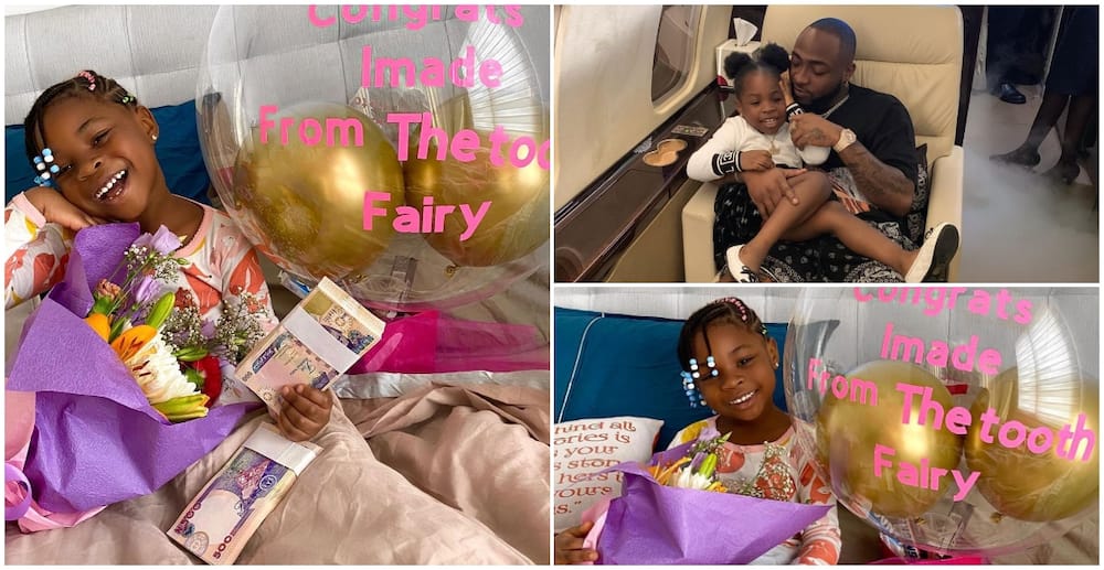 Davido’s daughter Imade gets lovely surprise with bundles of cash as first tooth falls off (video)
