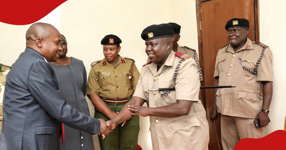 Interior CS Kithure Kindiki greeting administration officers ahead of opening an Assistant County Commissioner's office in Mumias West.