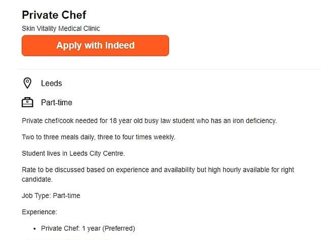 Parents advertise chef, nanny vacancies for their 18-year-old daughter studying law