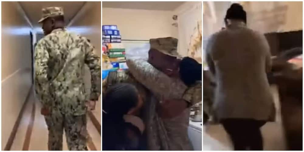 Sweet moment Nigerian mum shed tears after her son in the US Navy made a surprise Christmas return home.