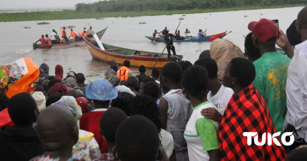 The Boat capsized in Lake victoria waters. Photo: Zabbibah Adhiambo TUKO correspodent.