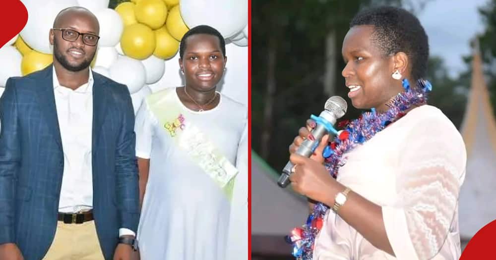 Linet 'Toto' Chepkorir and her hubby during the gender-neutral party (l). Toto delivering a speech (r).
