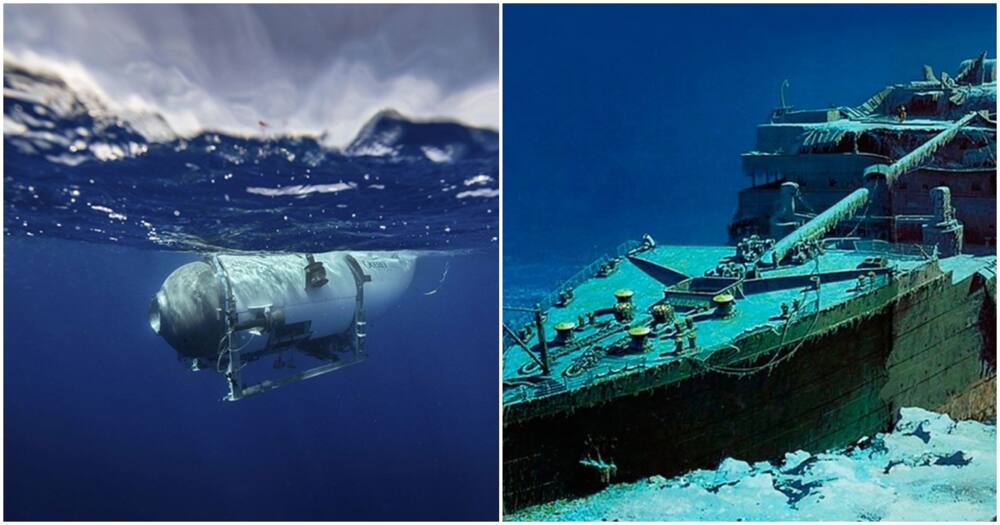 A collage of a submersible and wreckage of the Titanic.