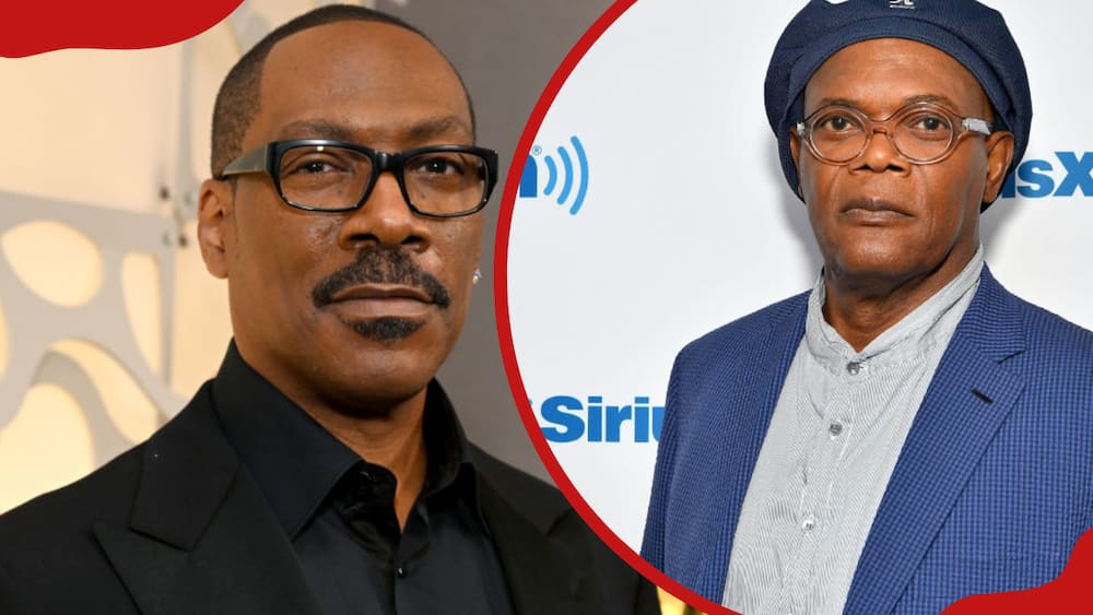 A collage of Eddie Murphy at the 80th Annual Golden Globe Awards and Samuel L. Jackson at the SiriusXM Studios