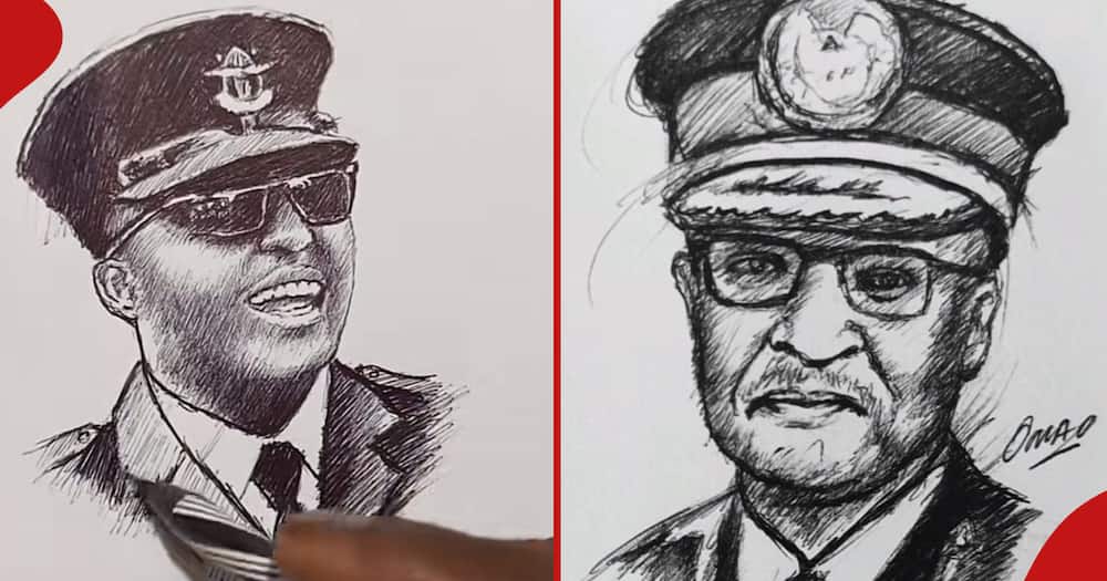 A pencil art of the late CDF Francis Ogolla (right) and Captain Hillary Lutalii (left)