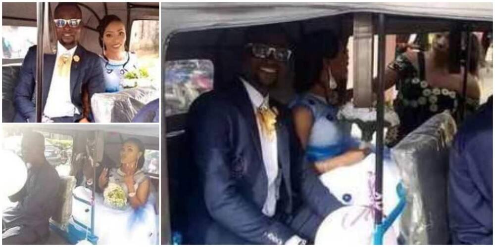 Mixed reactions as Nigerian couple show up for their wedding in new tuk-tuk tricycle. Photo Credit: @instablog9ja.