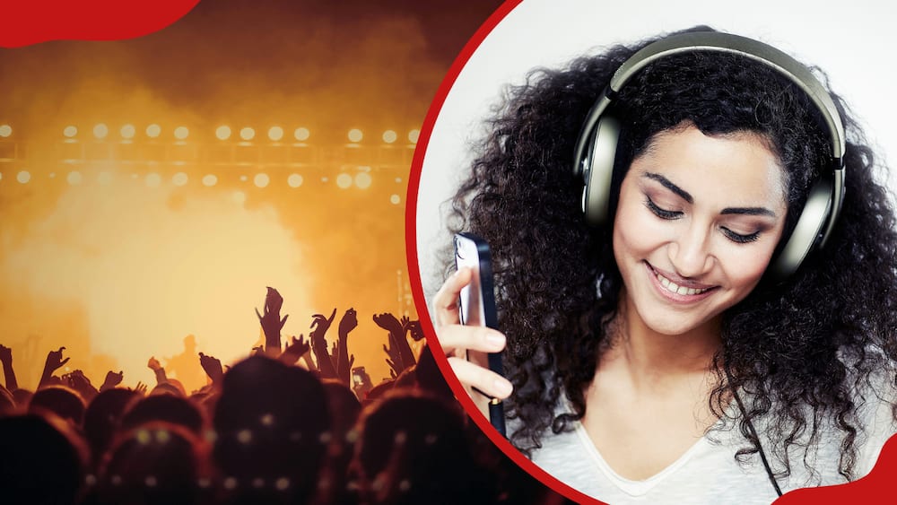 A collage of people at a concert and a woman listening to music with headphones on