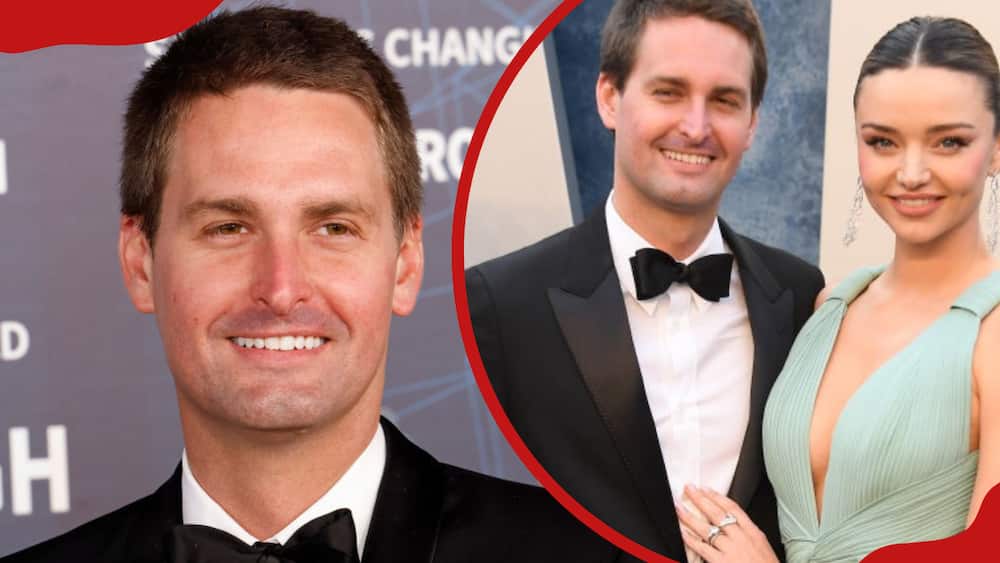 A collage of Evan Spiegel at the 9th annual Breakthrough Prize ceremony and Evan Spiegel and Miranda Kerr at the Vanity Fair Oscar Party