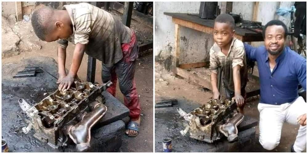 6-Year-Old Nigerian Boy Gets Dirty as He Works as an Auto Mechanic, Photos Spark Huge Debate