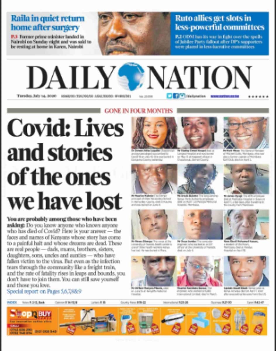 Kenyan newspapers review for July 14: Names, photos of notable Kenyans who have succumbed to COVID-19