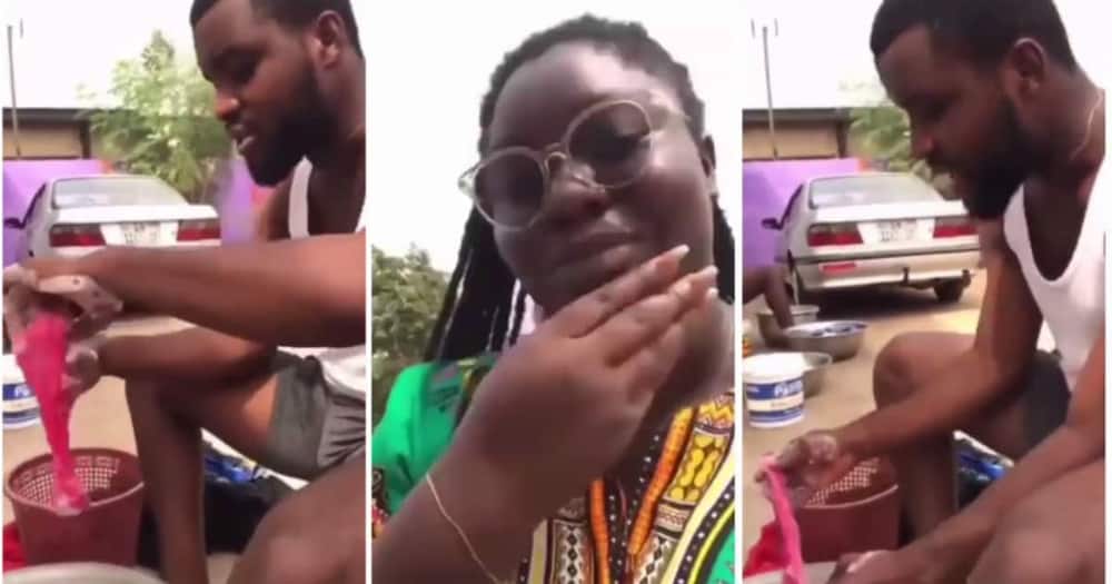 Lady flaunts 'romantic' boyfriend washing her pant; man hides his face in video