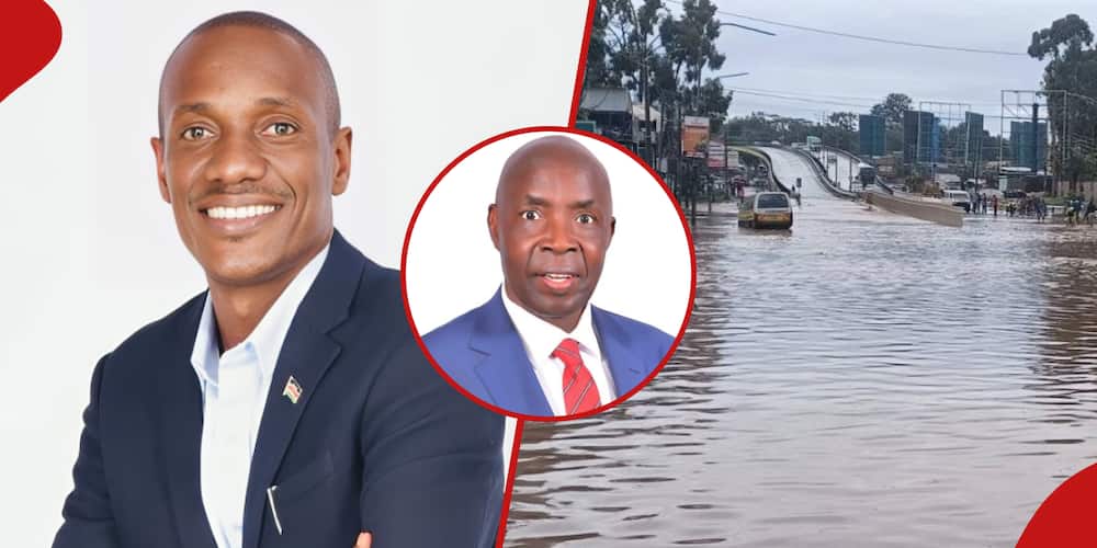 Collage of BK Agufa, CS Machogu, and a flooded road in Nairobi.